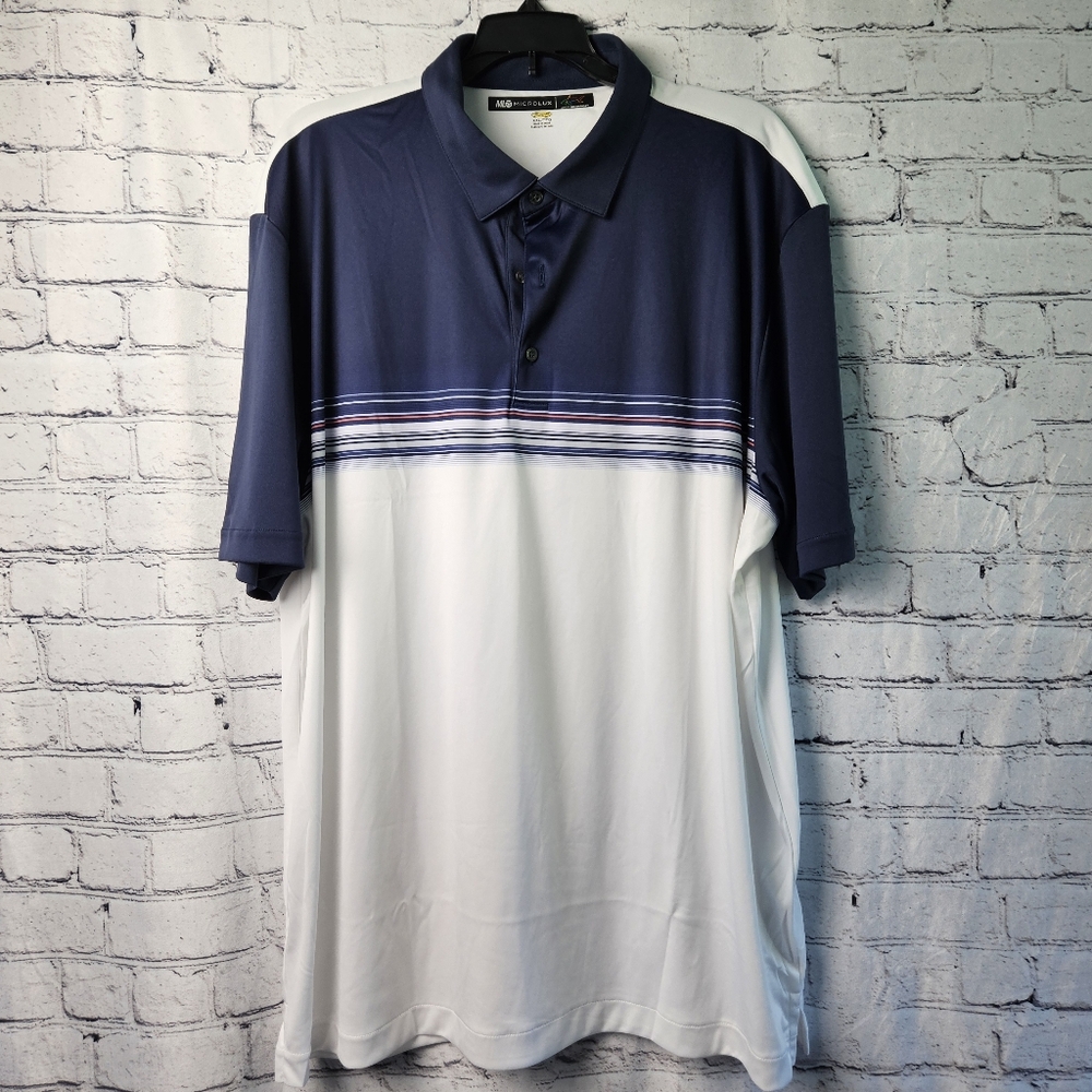 Greg Norman ML75 Microlux Men's Golf Polo, Blue White Stripes, Size 2XL XXL